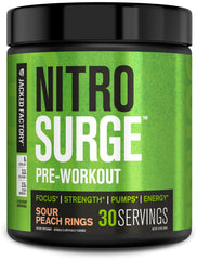 Jacked Factory Nitrosurge Sour Peach Rings powder in a scoop for quick pre-workout energy