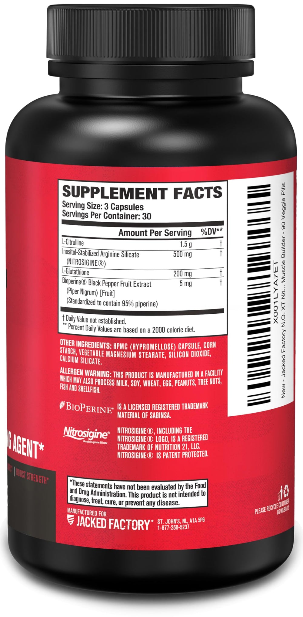 Jacked Factory N.O. XT packaging box notes a 90-cap supply