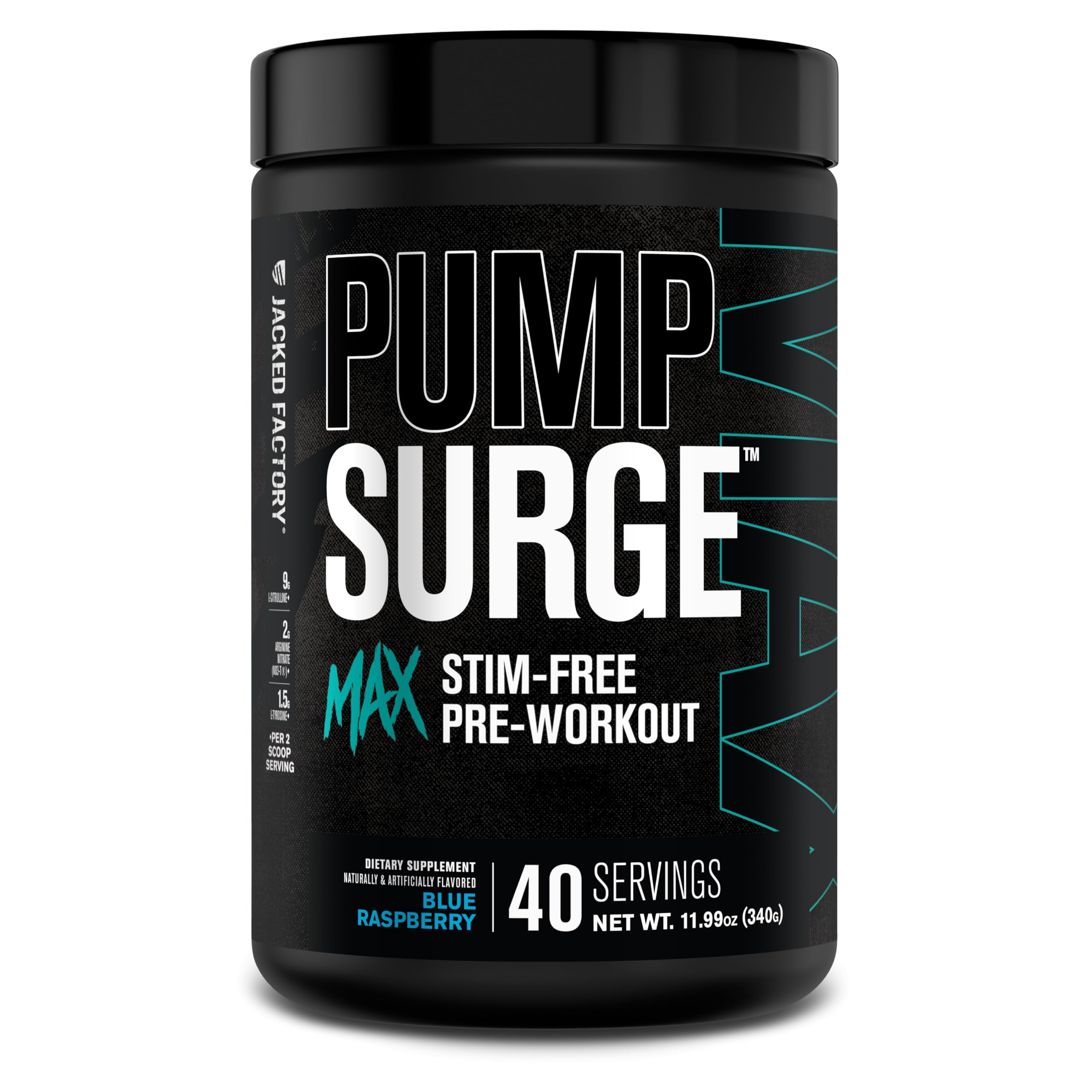 Jacked Factory Pumpsurge Max bottle pour showing no-stim pre-workout convenience