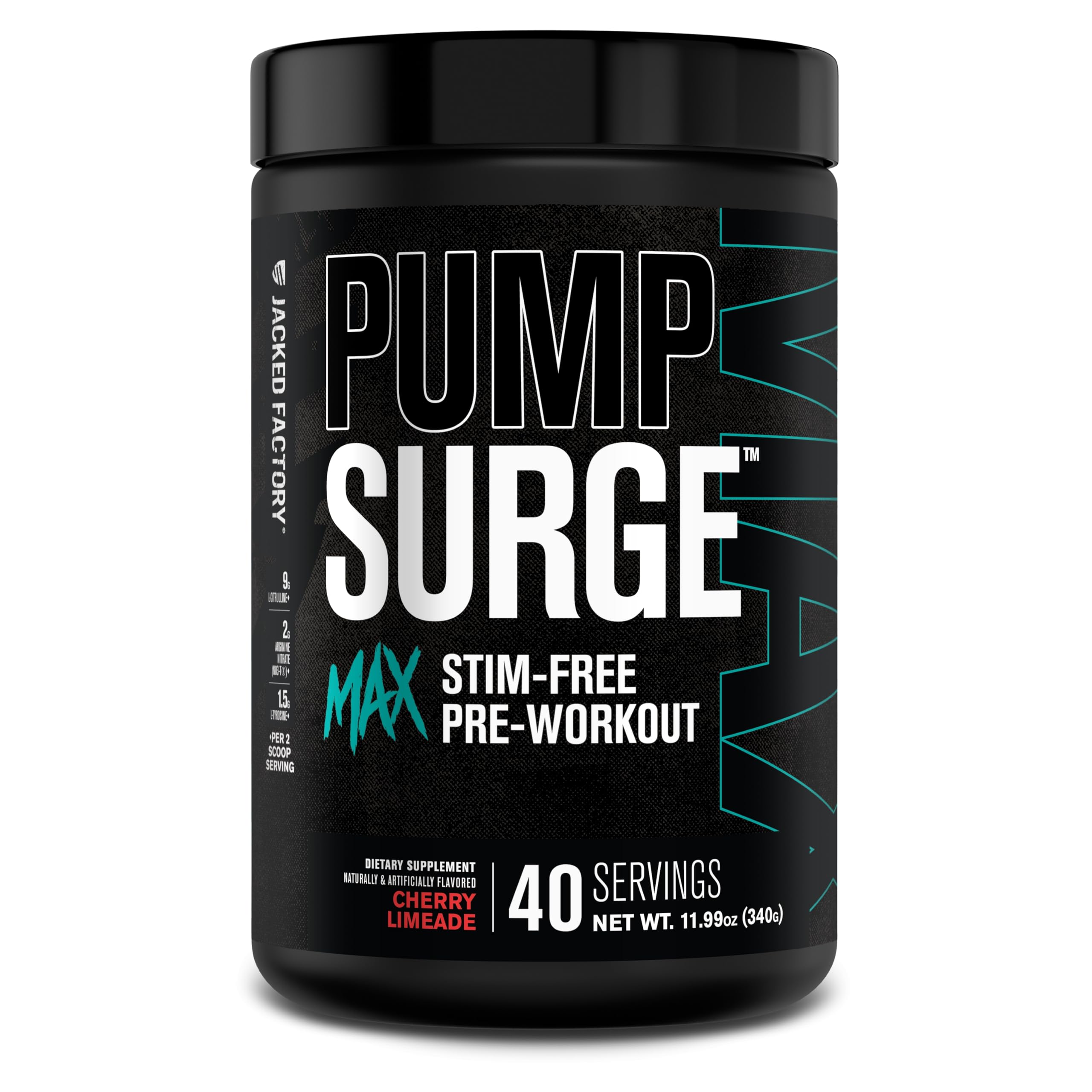Jacked Factory Pumpsurge Max bottle showing a non-stim pre workout for clean focus.