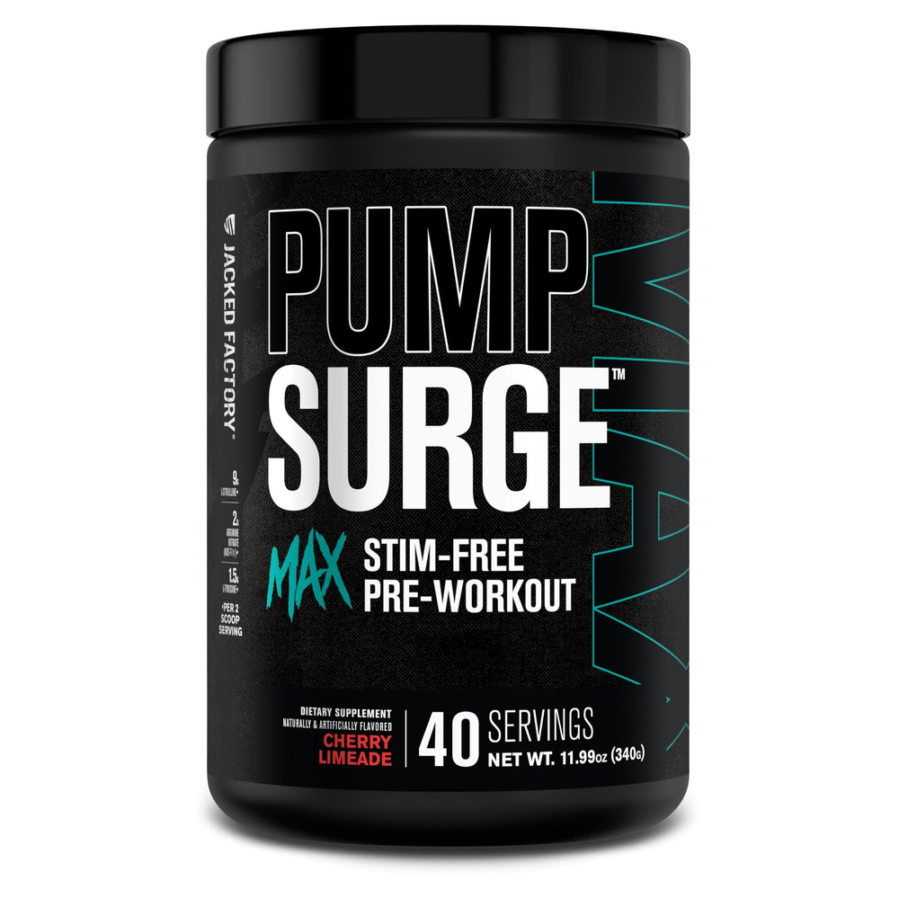 Jacked Factory Pumpsurge Max bottle showing a non-stim pre workout for clean focus.
