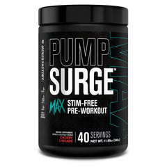 Jacked Factory Pumpsurge Max bottle showing a non-stim pre workout for clean focus.