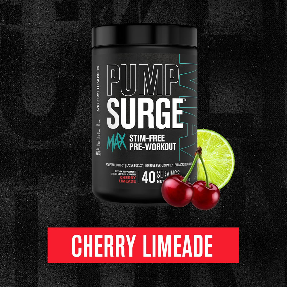 Pumpsurge Max label close-up highlighting premium ingredients and nitric oxide support.