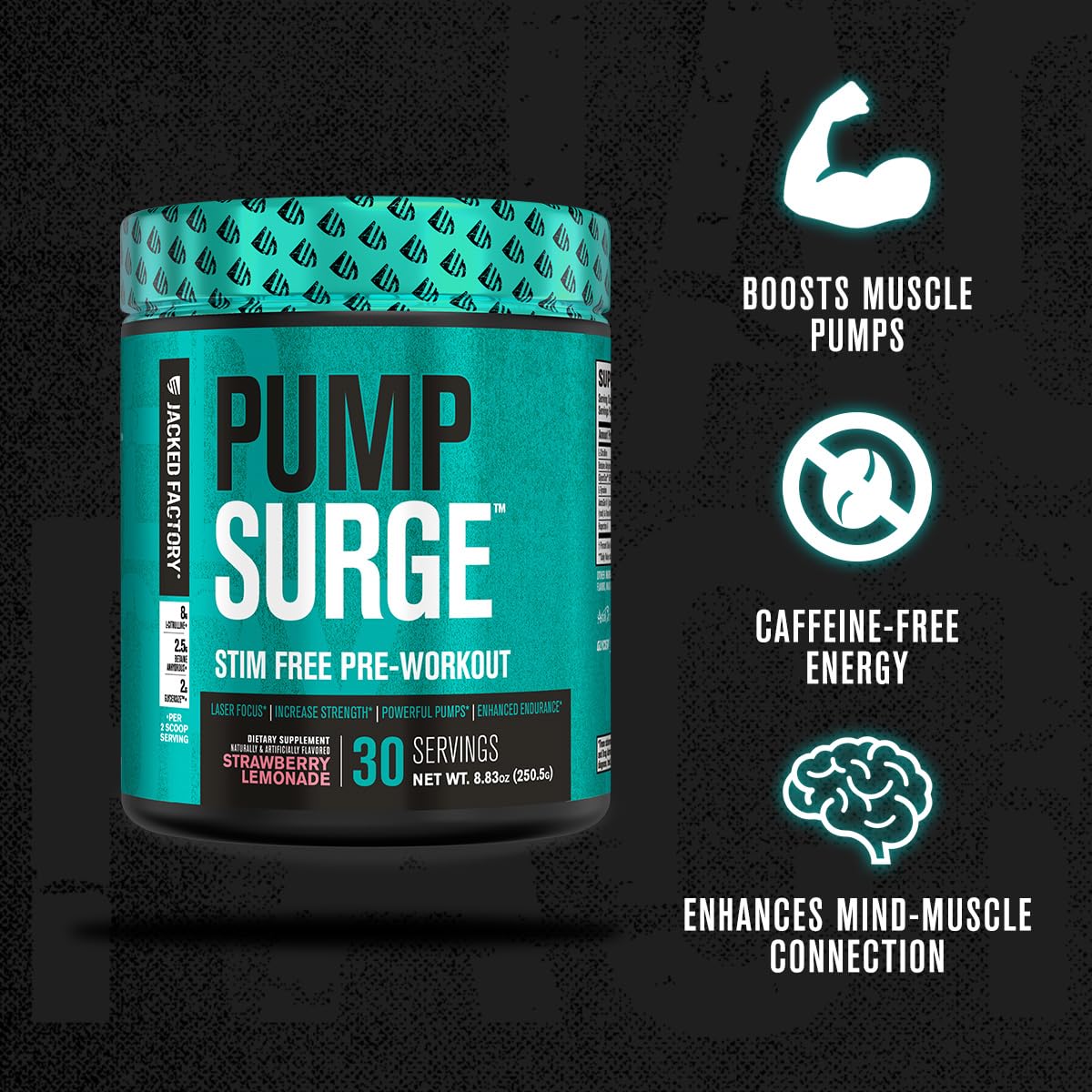 Pumpsurge powder scoop highlights precise portions for consistent pumps and focus.