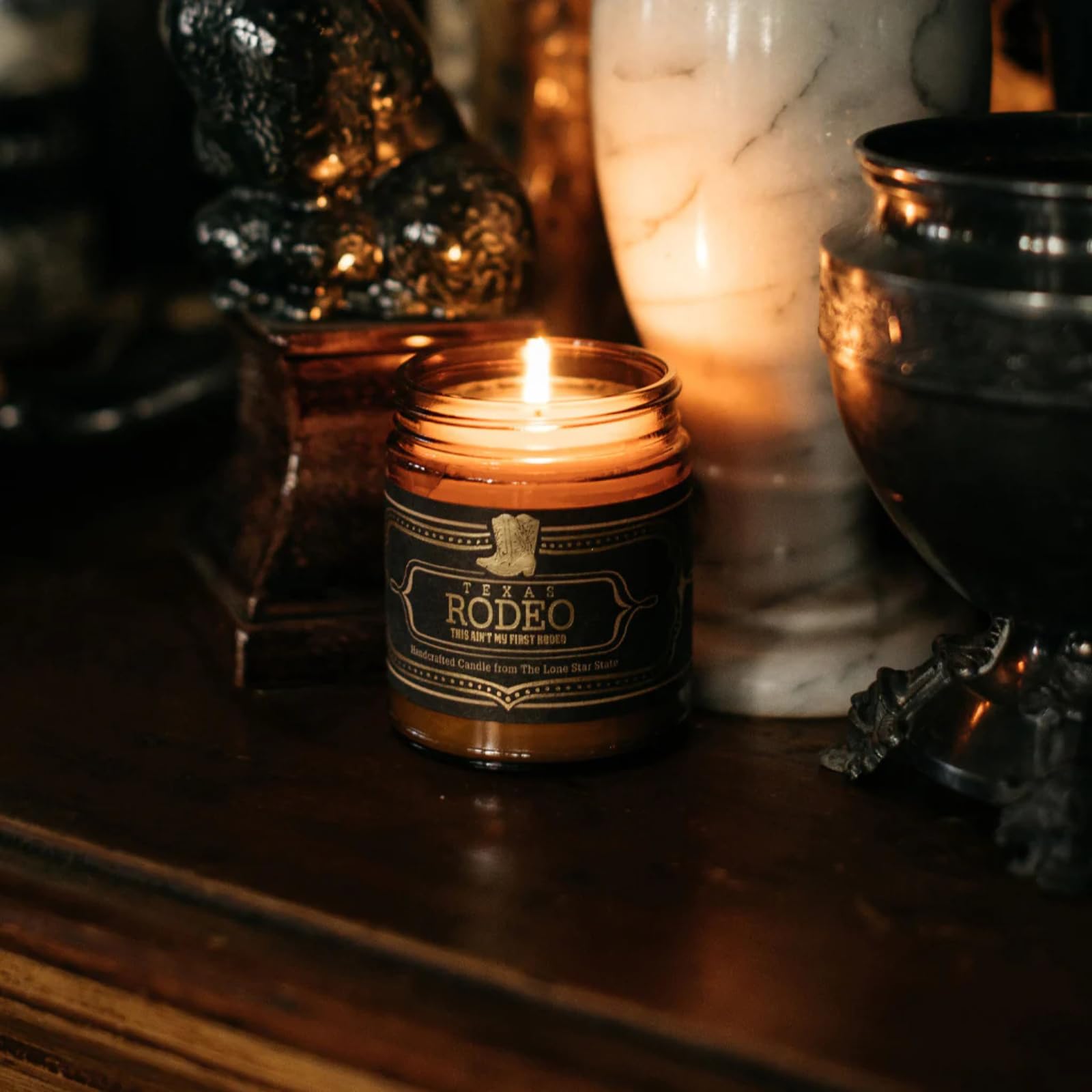 Jackson Vaughn Texas Rodeo soy wax blend closeup highlighting rugged scent profile for fragrance enthusiasts.