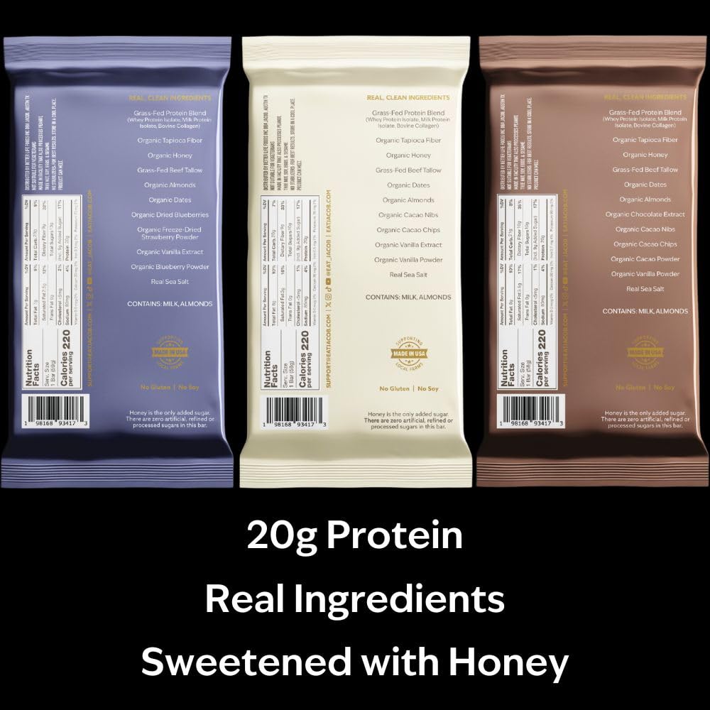 Jacob Bar chocolate flavor close-up shows 20g grass-fed protein for energy