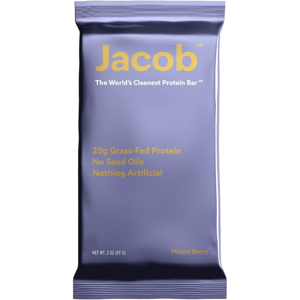 Jacob Bar Mixed Berry packaging front highlights clean ingredients and 20g grass-fed protein.