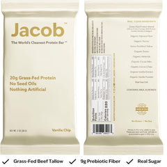 Jacob Bar Vanilla closeup: clean ingredients with 20g grass-fed protein.