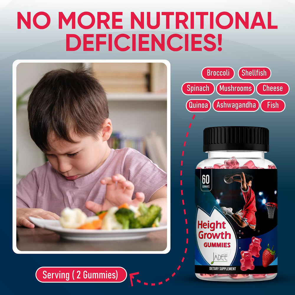 Jadee Height Growth Gummies label close-up highlighting key nutrients.