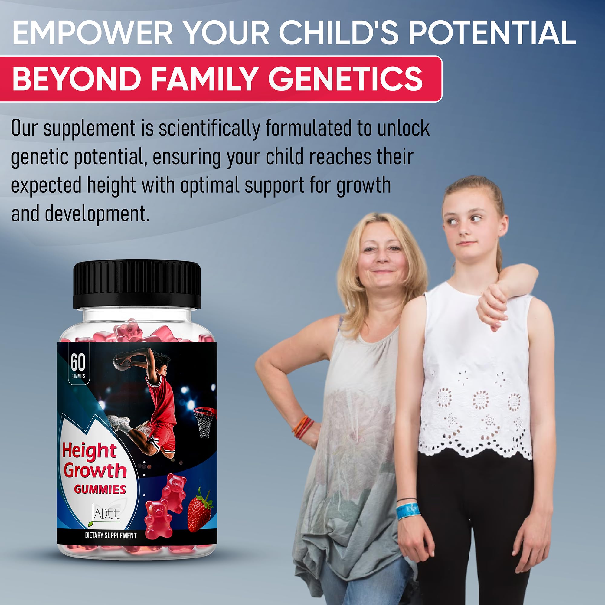 Packaging image of Jadee gummies in a convenient bottle for families.