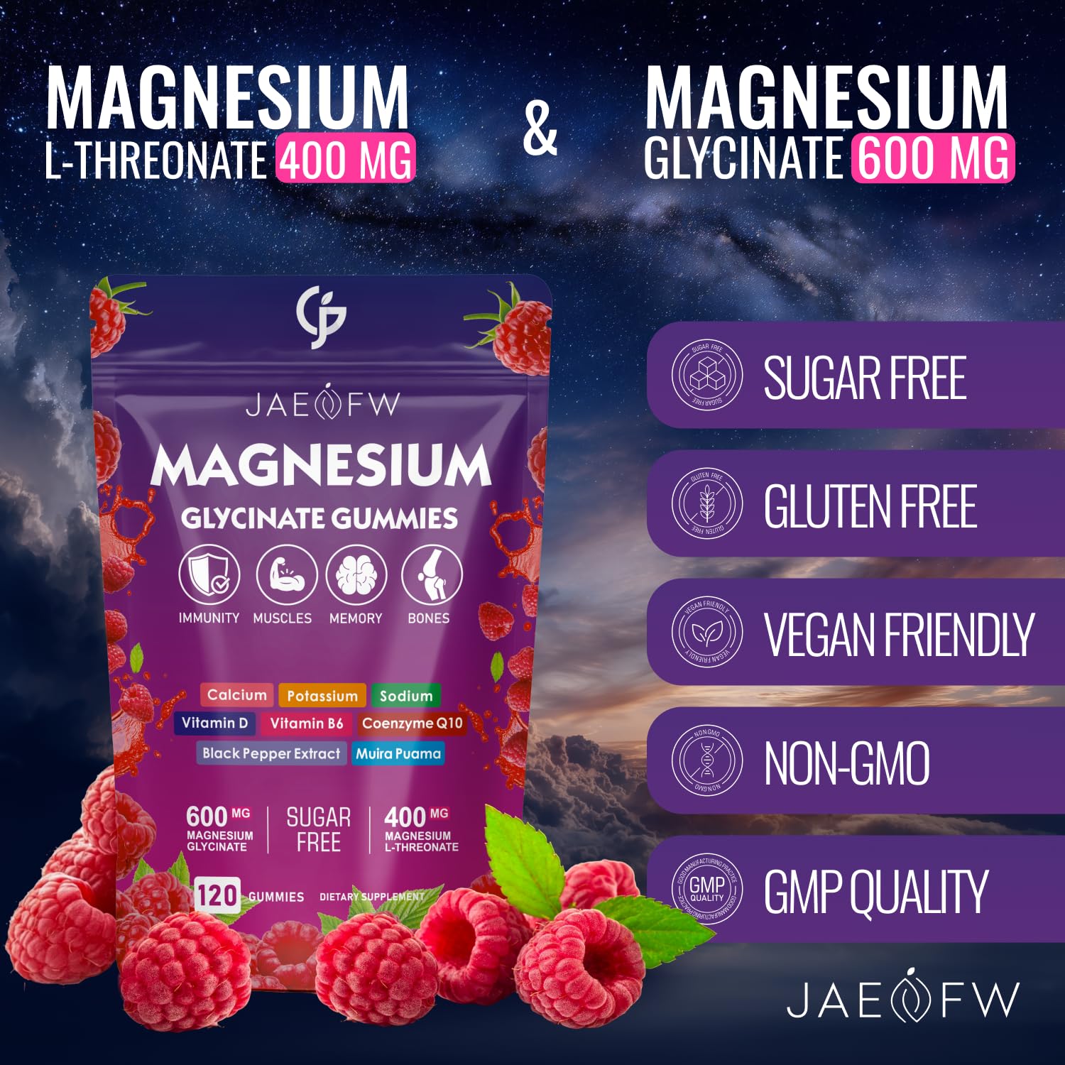 JAENFW ingredients panel highlighting magnesium, CoQ10, D3 and B6