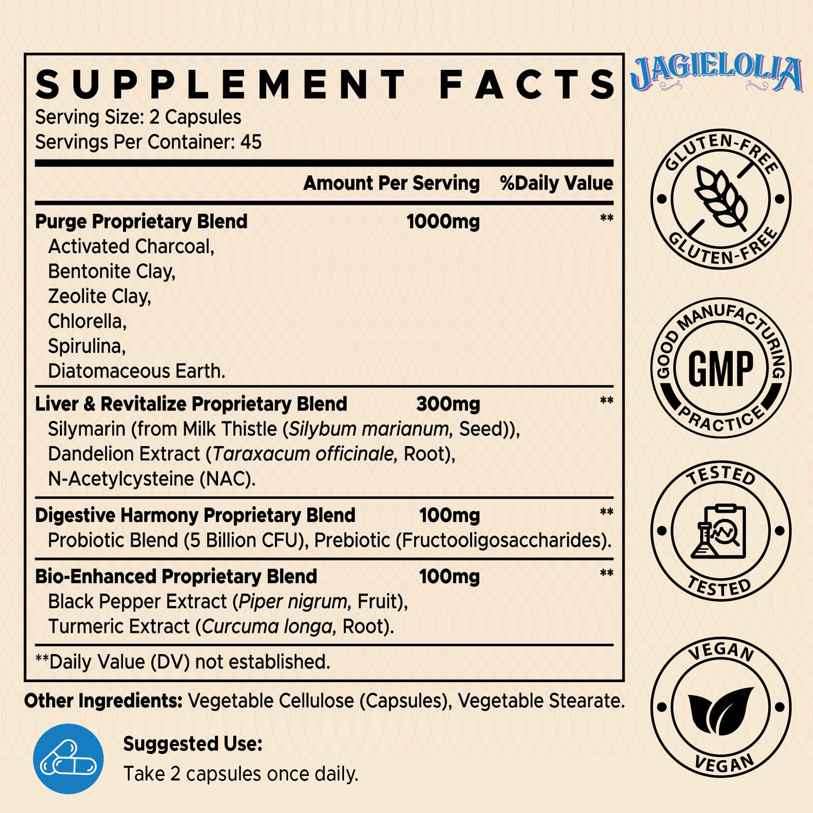 Jagielolia Detox Binder capsules being poured for easy daily intake