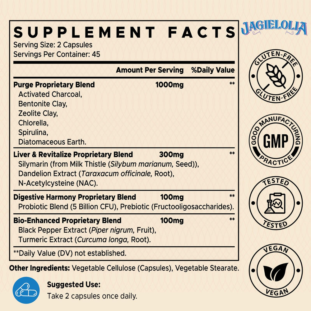 Jagielolia Detox Binder capsules being poured for easy daily intake