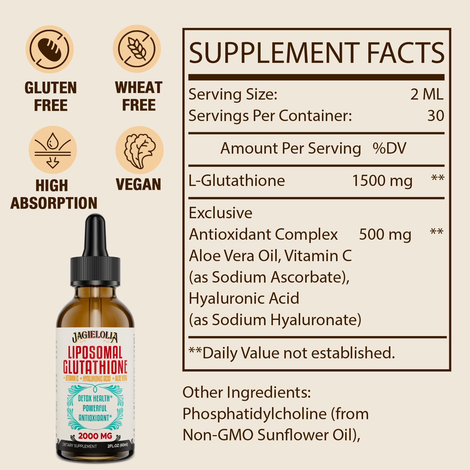 Jagielolia glutathione liquid drops being poured for quick absorption and easy daily use
