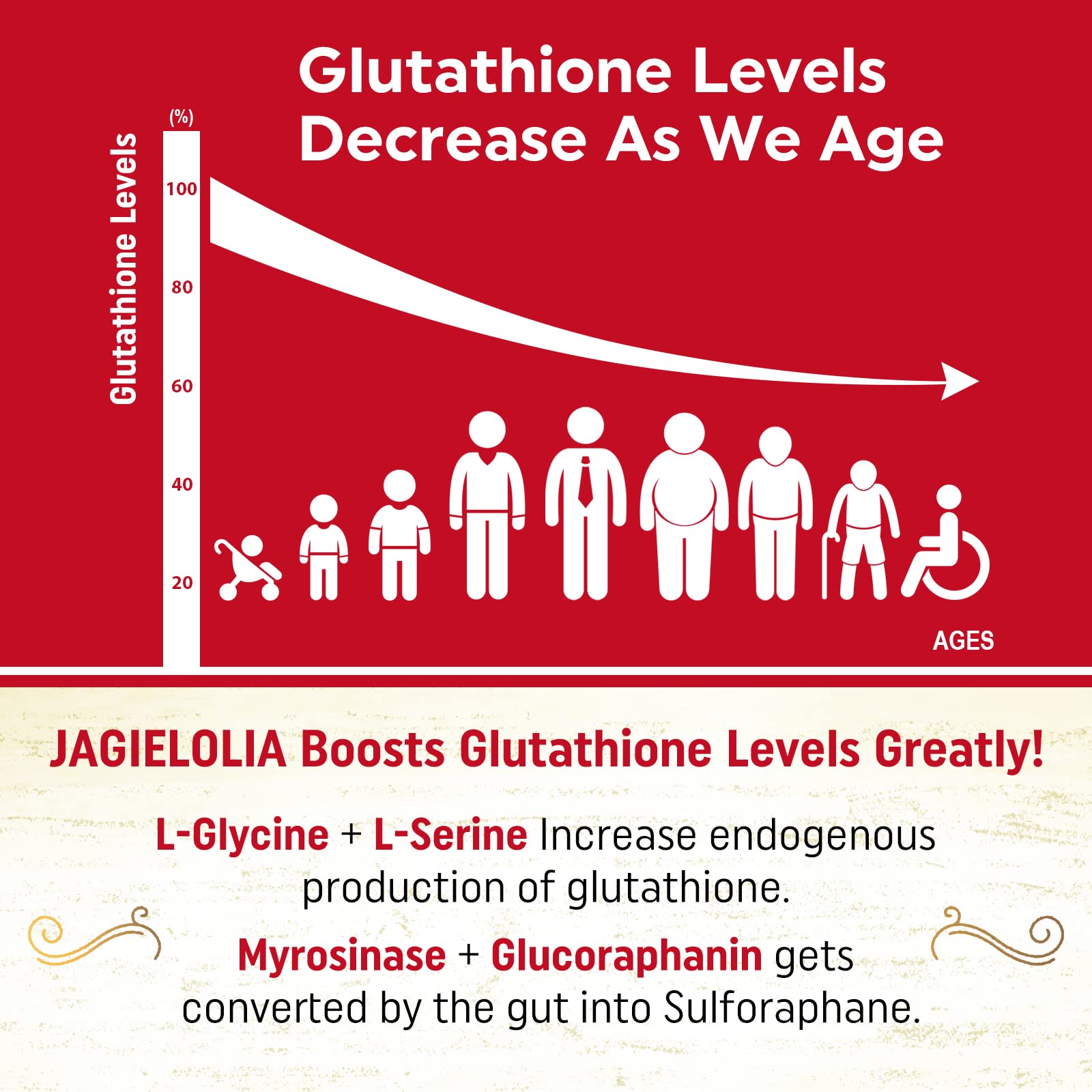 Jagielolia Glutathione precursor blend with L-serine and L-glycine shown.