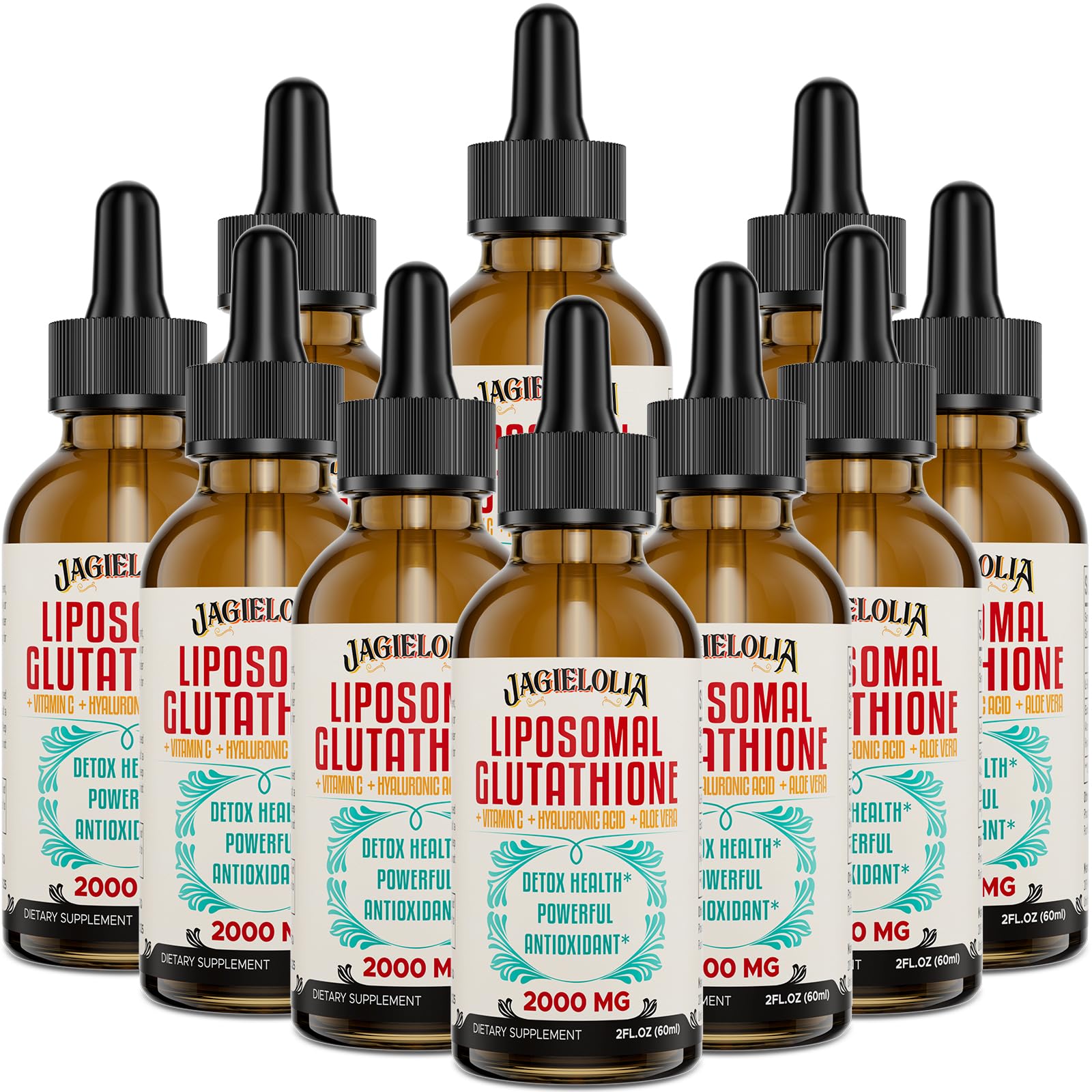 Jagielolia liposomal glutathione liquid bottle shown for daily antioxidant support.