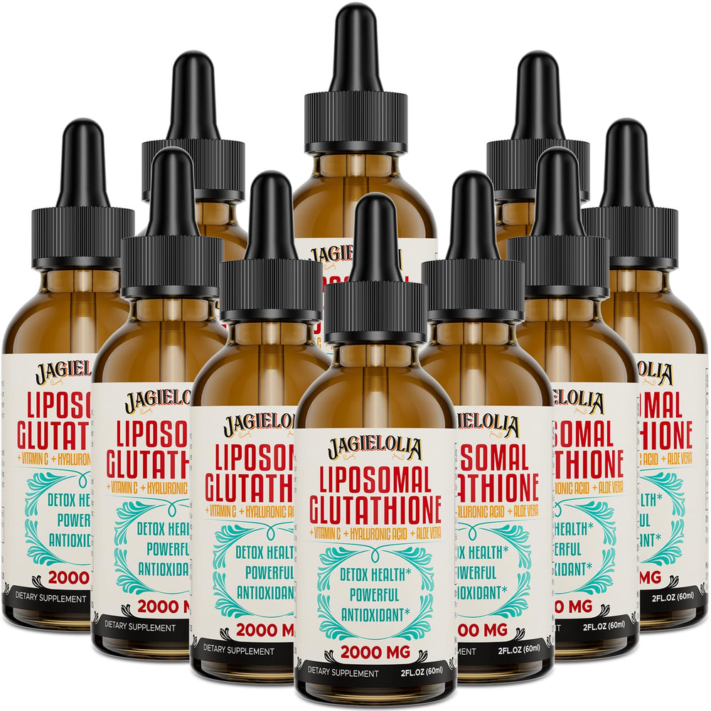 Jagielolia liposomal glutathione liquid bottle shown for daily antioxidant support.
