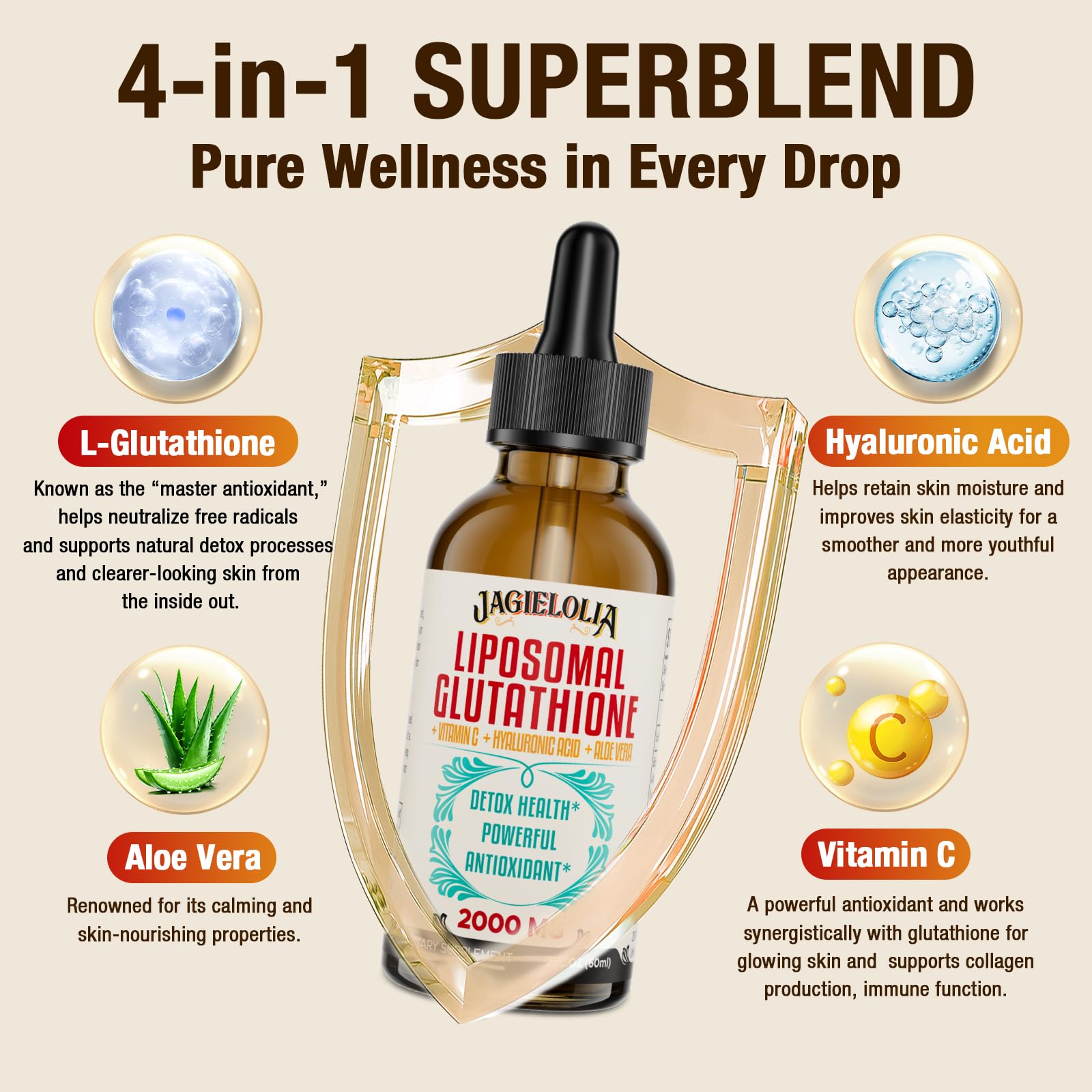 Closeup of Jagielolia liposomal glutathione liquid label with vegan ingredients.