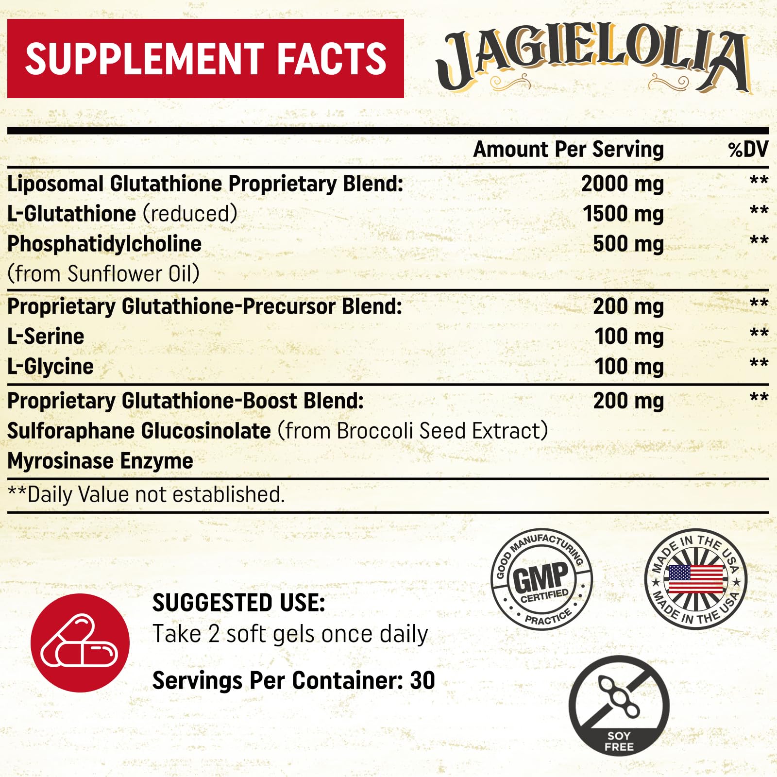 Jagielolia liposomal glutathione label highlights L-Serine and L-Glycine precursors for production support.