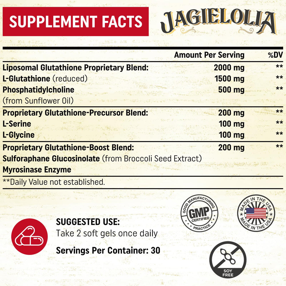 Jagielolia Liposomal Glutathione softgels close-up for convenient daily antioxidant support.