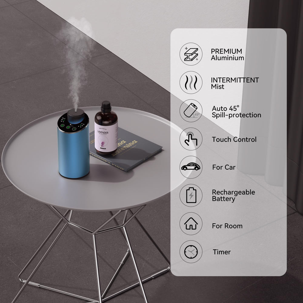 JAHUYU waterless diffuser blue side angle showing compact desk-friendly design