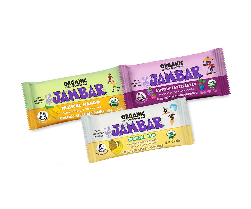 JAMBAR Musical Mango bar close-up featuring mango flavor and ancient grain blend.