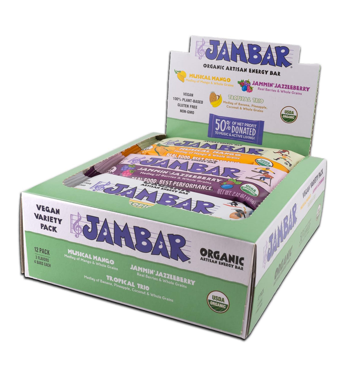 JAMBAR 12-pack packaging displays premium energy bars for on-the-go fueling.