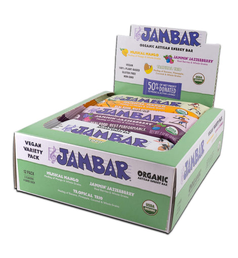 JAMBAR 12-pack packaging displays premium energy bars for on-the-go fueling.