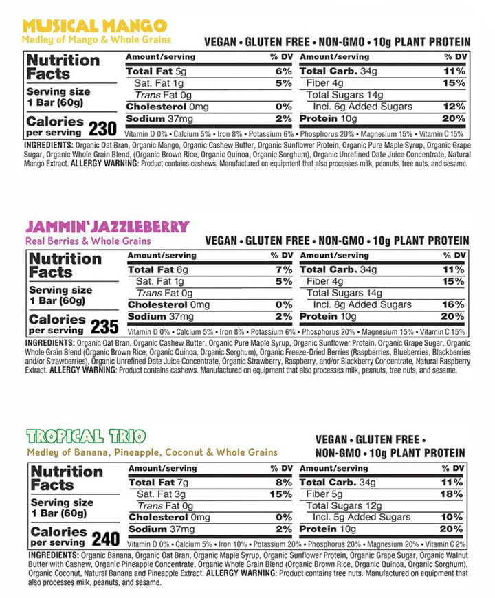 JAMBAR Tropical Trio bar close-up highlighting tropical flavors and plant protein.