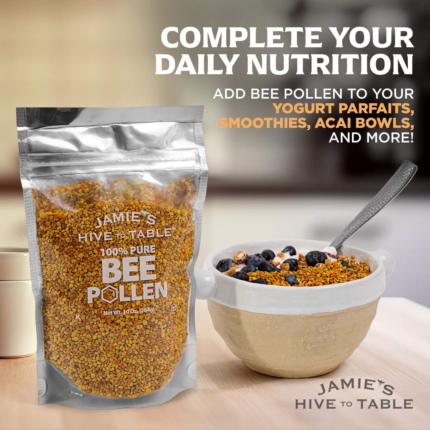 Open pack of Jamie's Hive to Table bee pollen showing contents