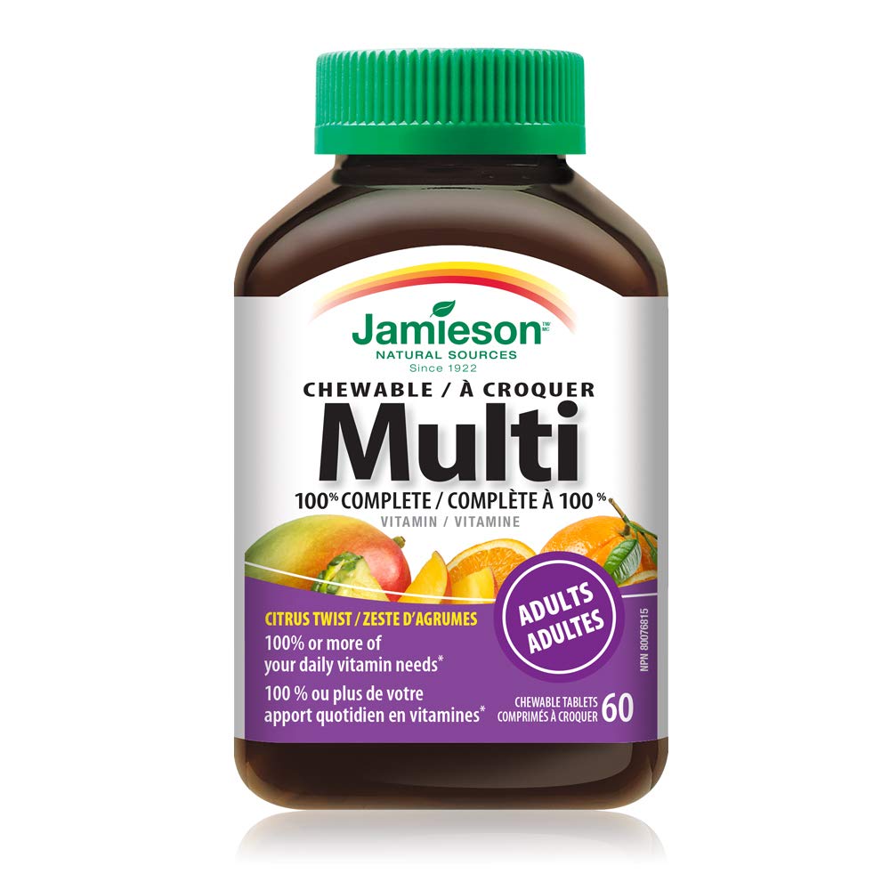 Jamieson packaging highlighting 60 chewable tablets for adults.