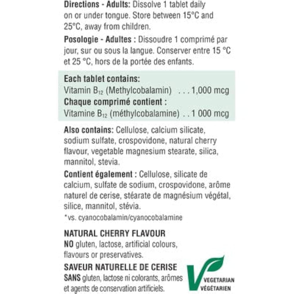 Jamieson B12 bottle label highlights 1,000 mcg dosage per tablet.