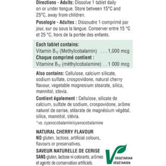 Jamieson B12 bottle label highlights 1,000 mcg dosage per tablet.