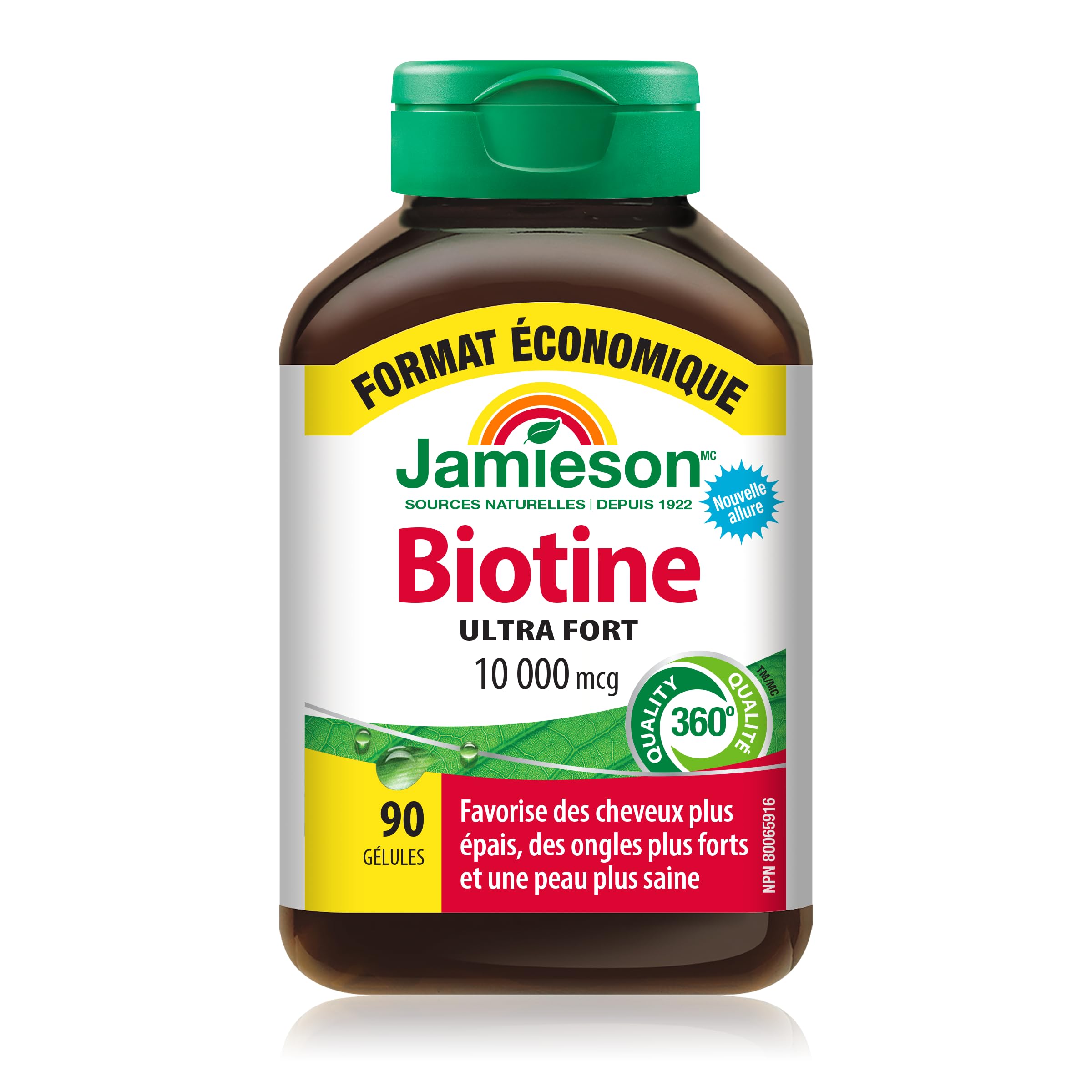 Jamieson Biotin bottle close-up with non-GMO, clean ingredients label