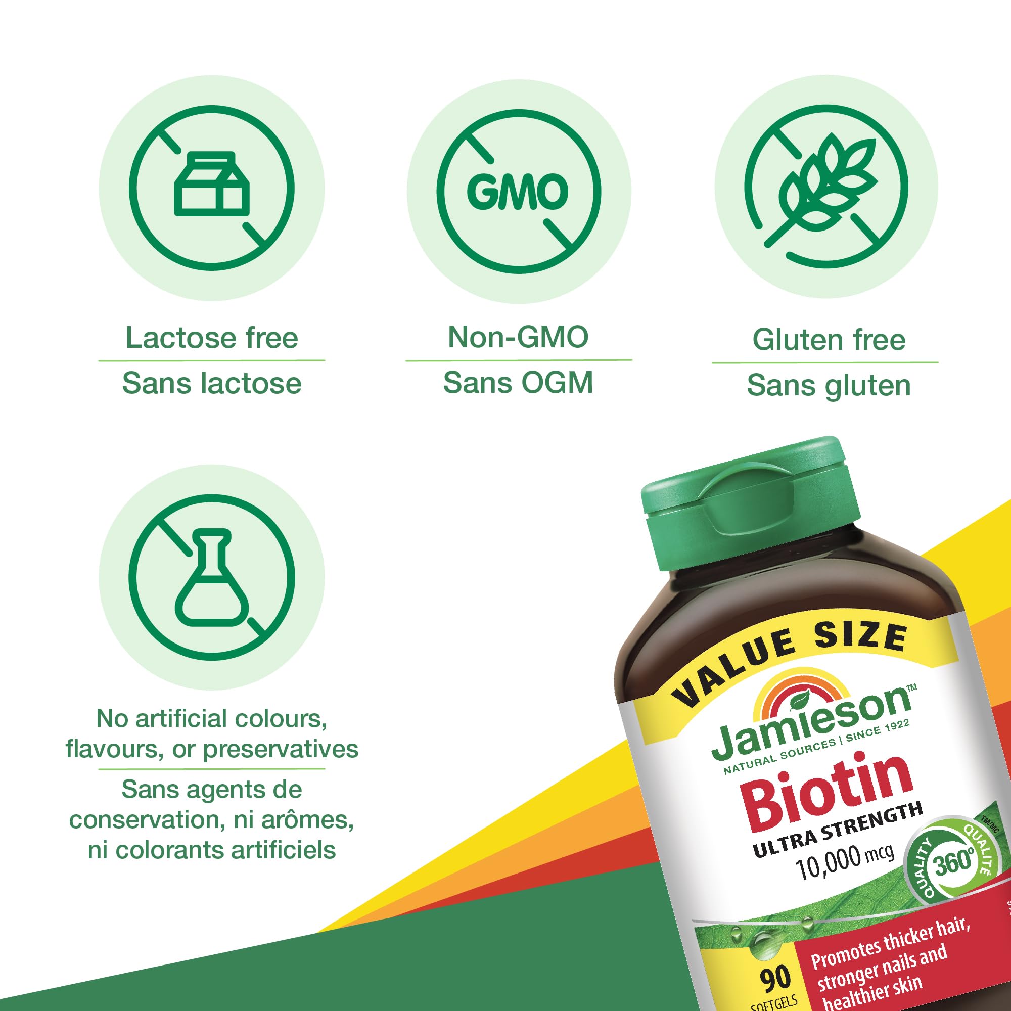 Close-up of Jamieson Biotin label showing gluten-free and lactose-free notes