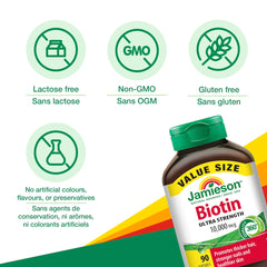 Close-up of Jamieson Biotin label showing gluten-free and lactose-free notes