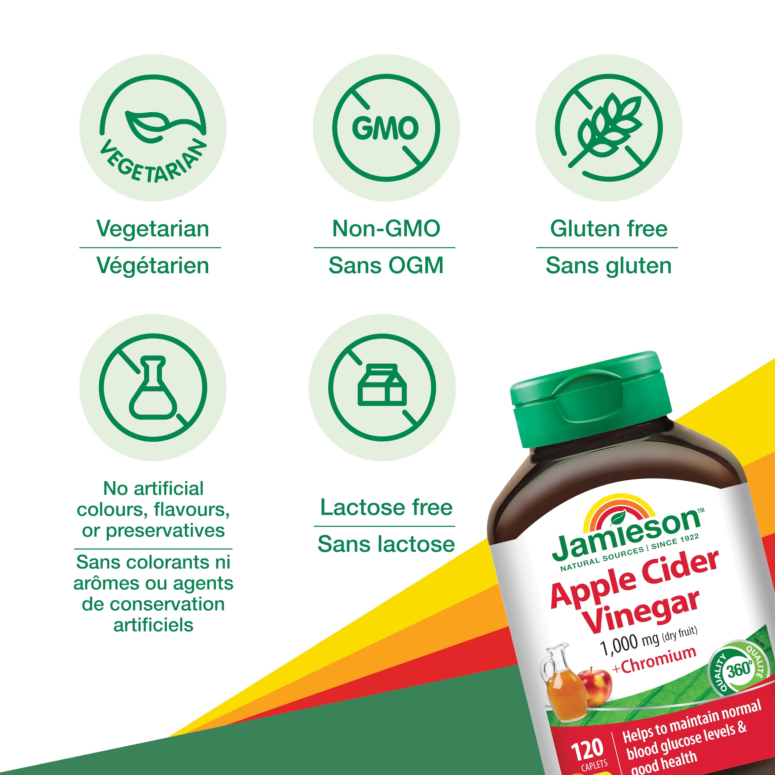 Jamieson open bottle with caplets spread displaying full supply and portability
