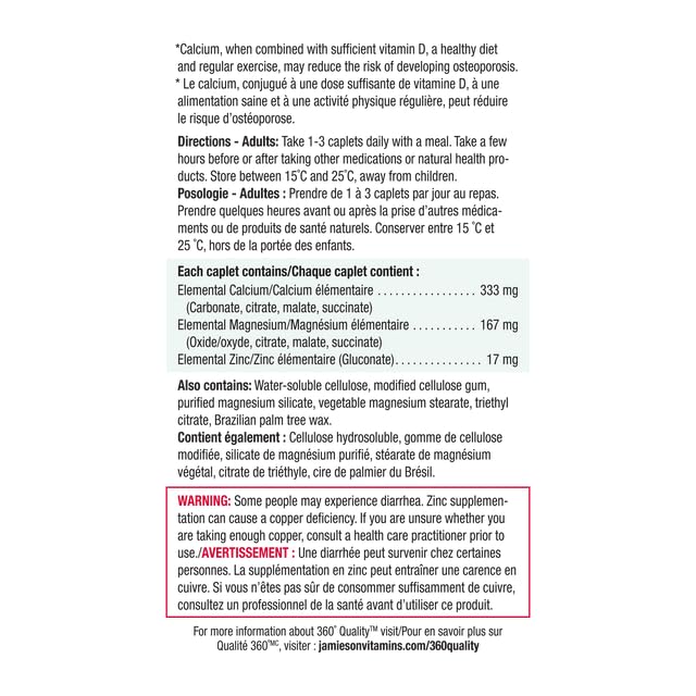 Jamieson Calcium Mag Zinc Bonus capsule close-up shows a convenient daily mineral supplement.