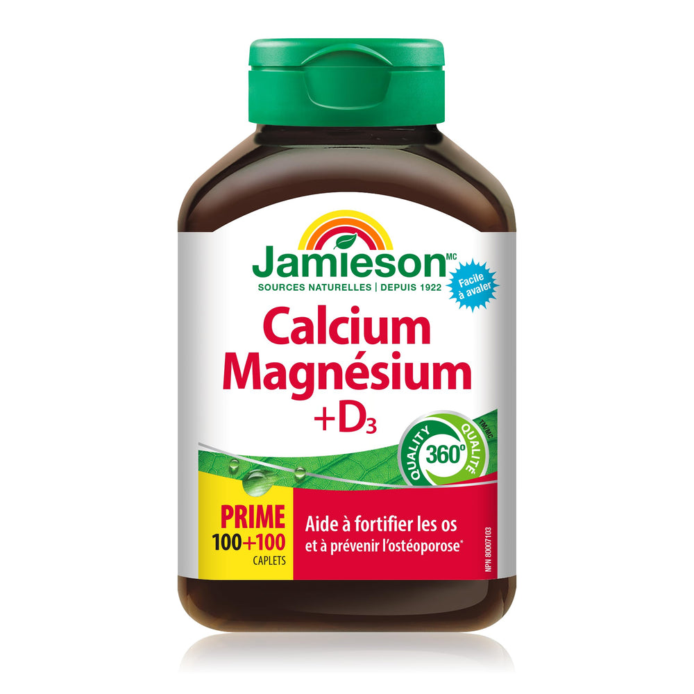 Jamieson bottle label close-up showing 2:1 calcium to magnesium ratio for absorption