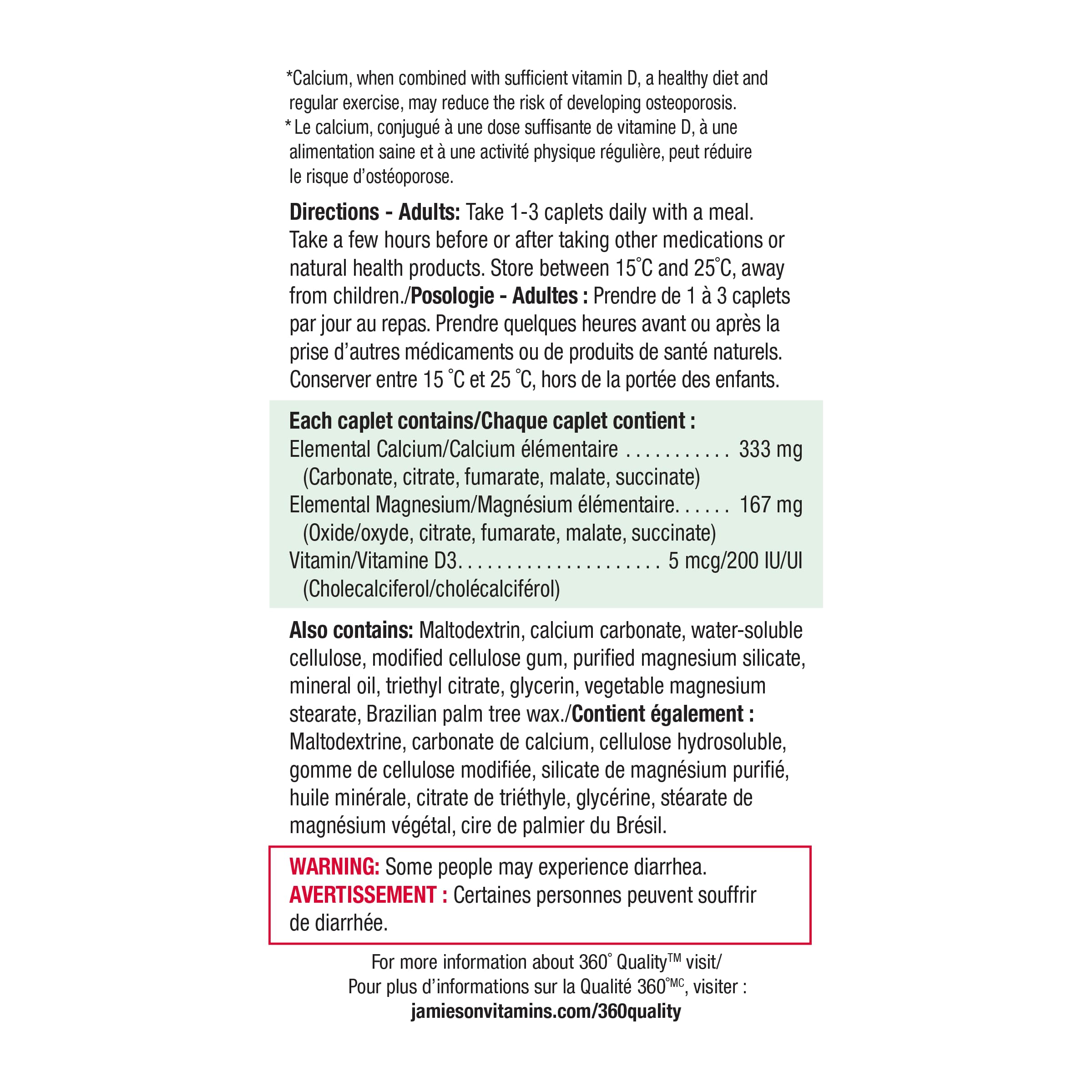 Jamieson supplement facts panel visible with calcium 333 mg and magnesium 167 mg
