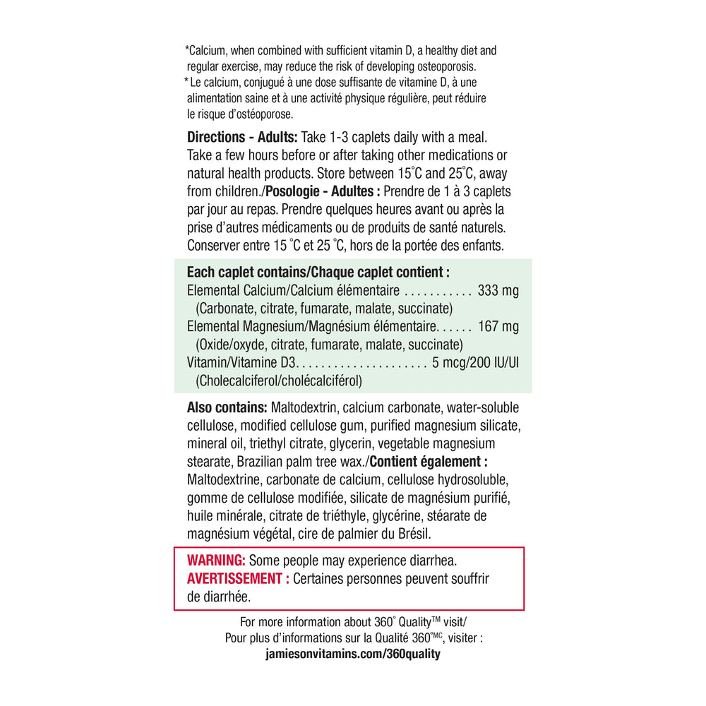 Jamieson supplement facts panel visible with calcium 333 mg and magnesium 167 mg
