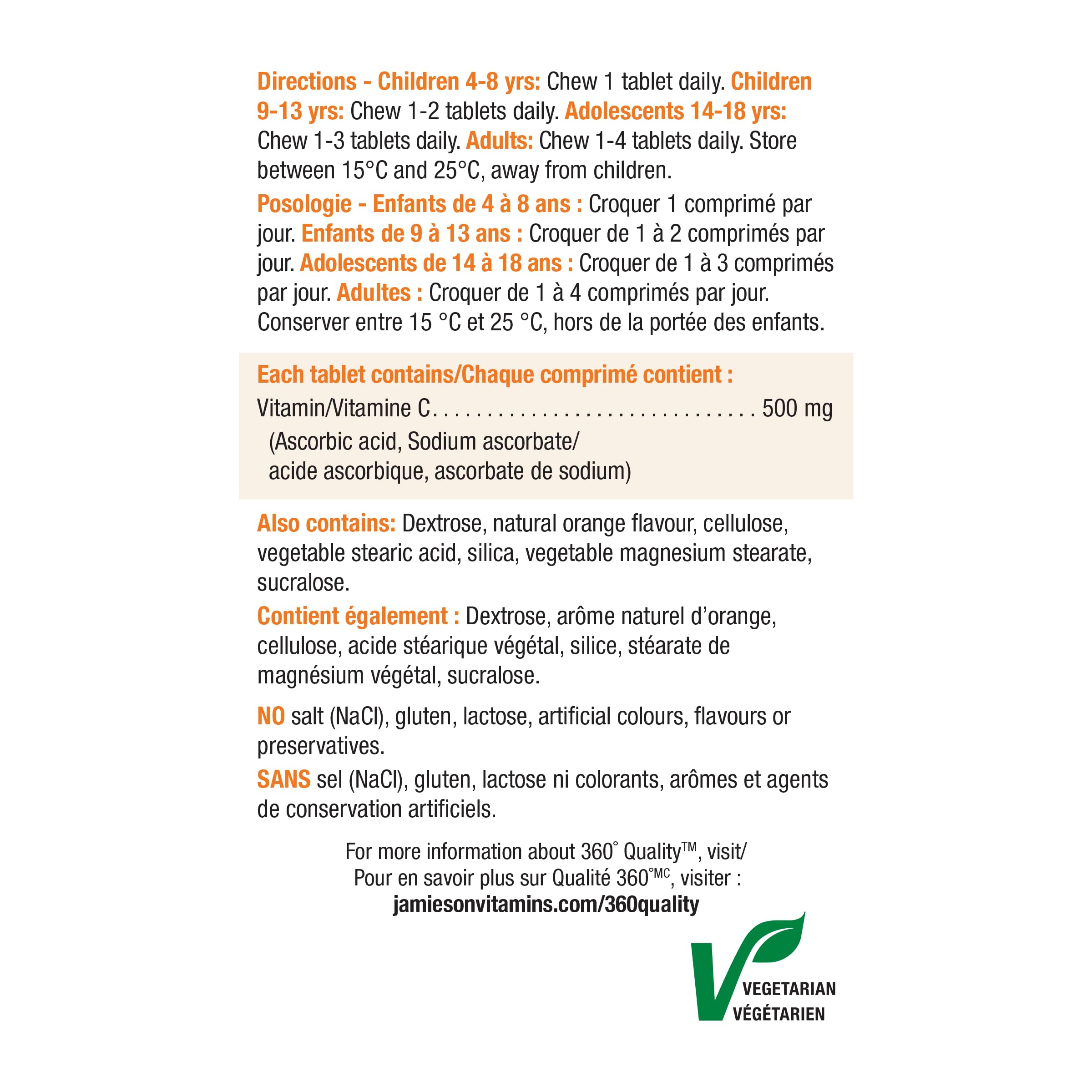 Jamieson vitamin C 500 mg chewables deliver tangy orange flavor