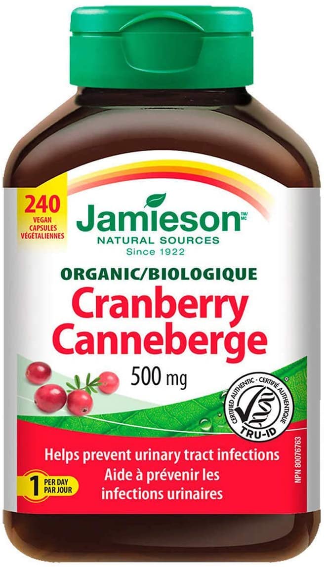 Jamieson Cranberry 500mg vegan capsules bottle front, supports urinary health.