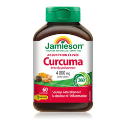 Jamieson curcumin turmeric capsules close-up shows easy to swallow daily capsules