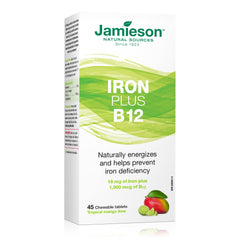Jamieson Iron and Vitamin B12 chewable tablets in mango flavor for easy daily energy support.