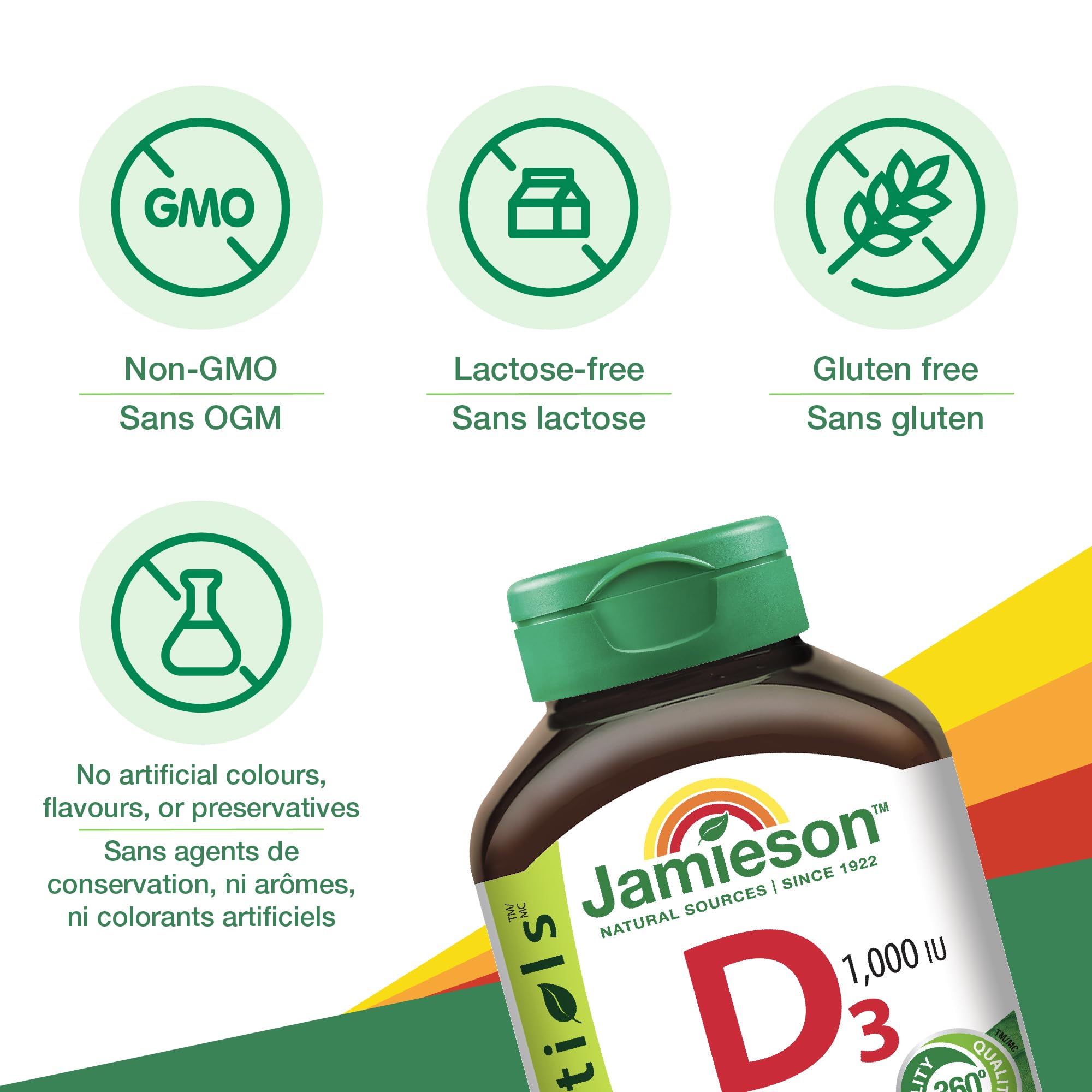 Packaging of Jamieson Laboratories Vitamin D3 highlights Non-GMO and gluten-free features.