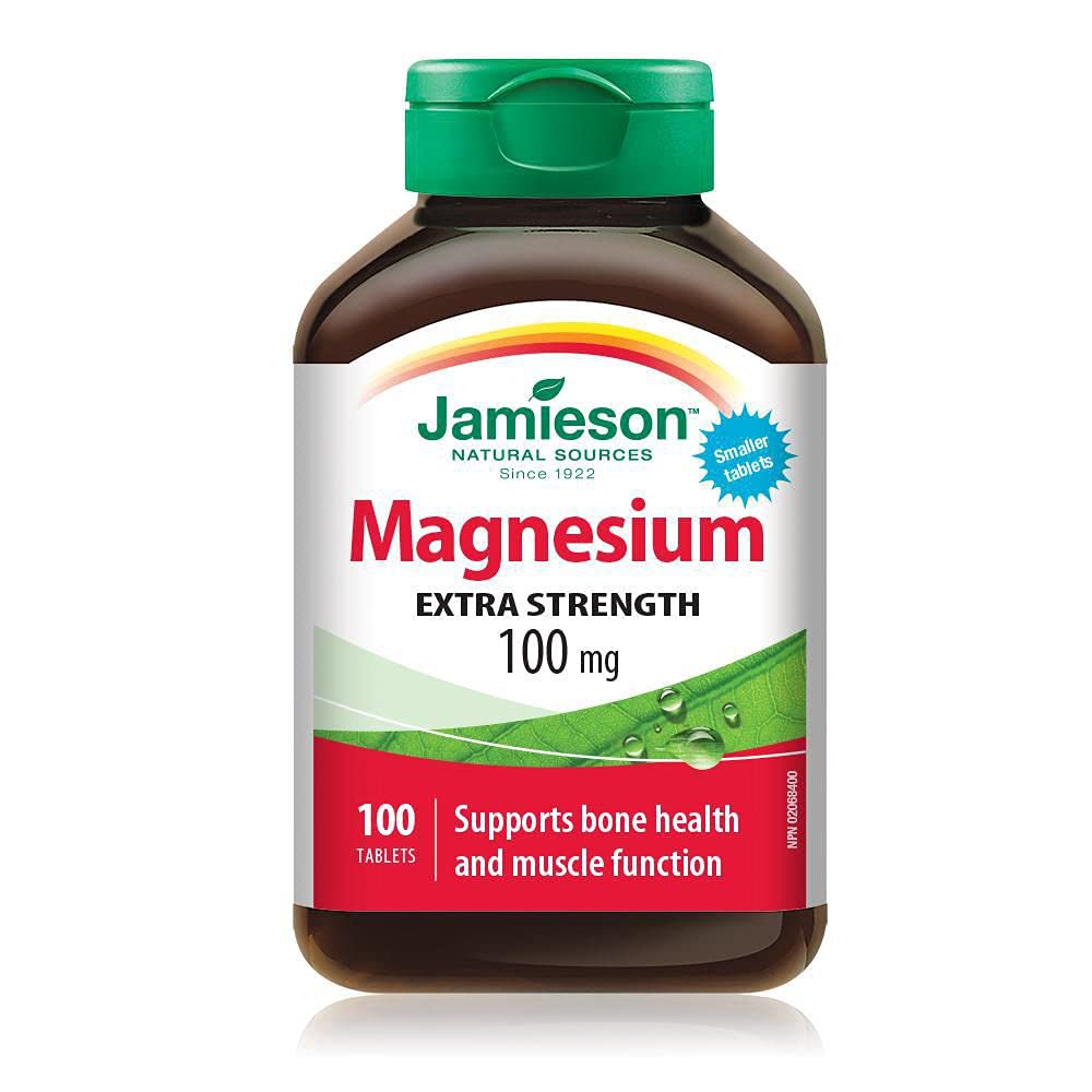 Jamieson Magnesium 100 mg tablets bottle for easy daily supplementation.