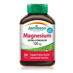 Jamieson Magnesium 100 mg tablets bottle for easy daily supplementation.