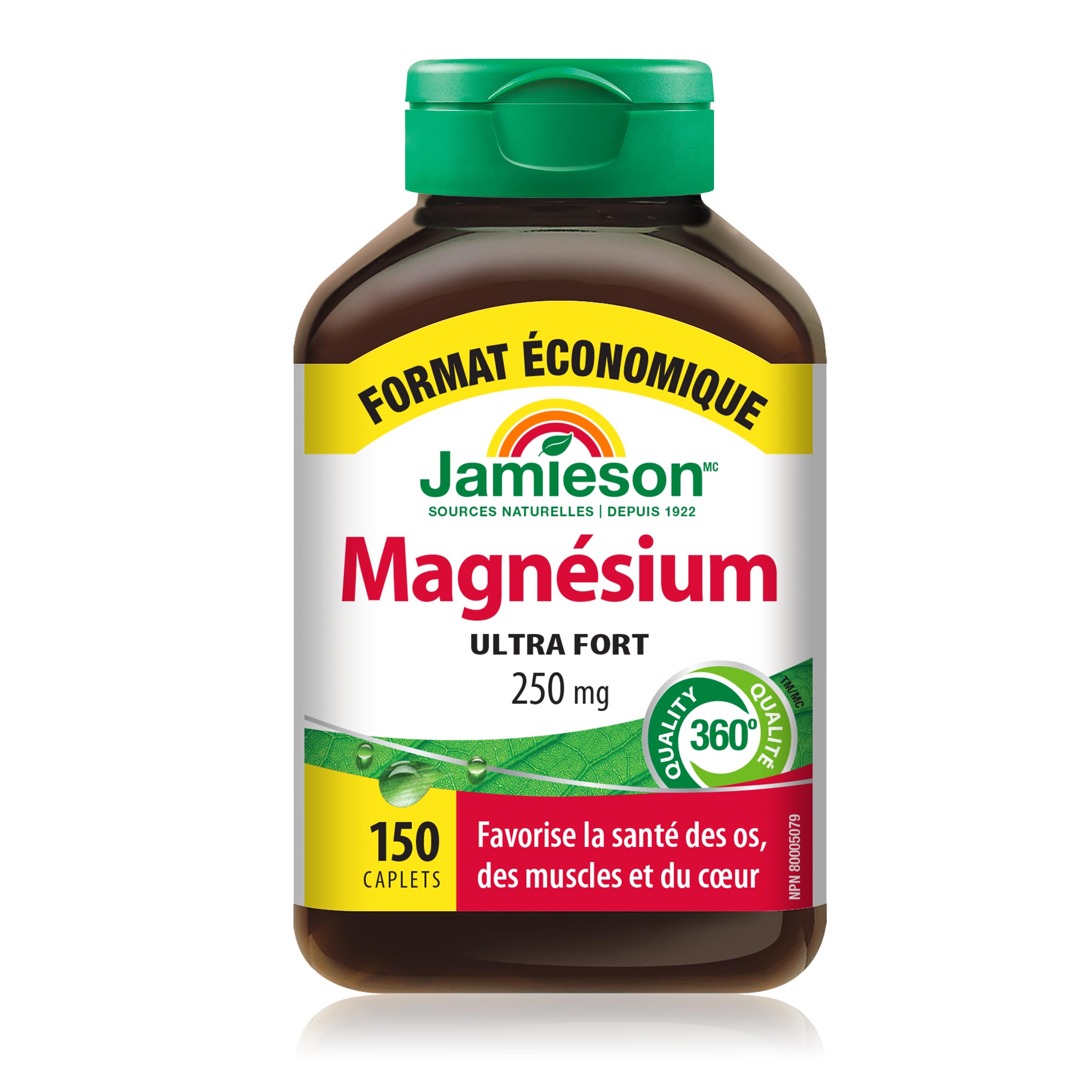 Close-up of Jamieson Magnesium 250 mg caplets showing high-absorption blend.
