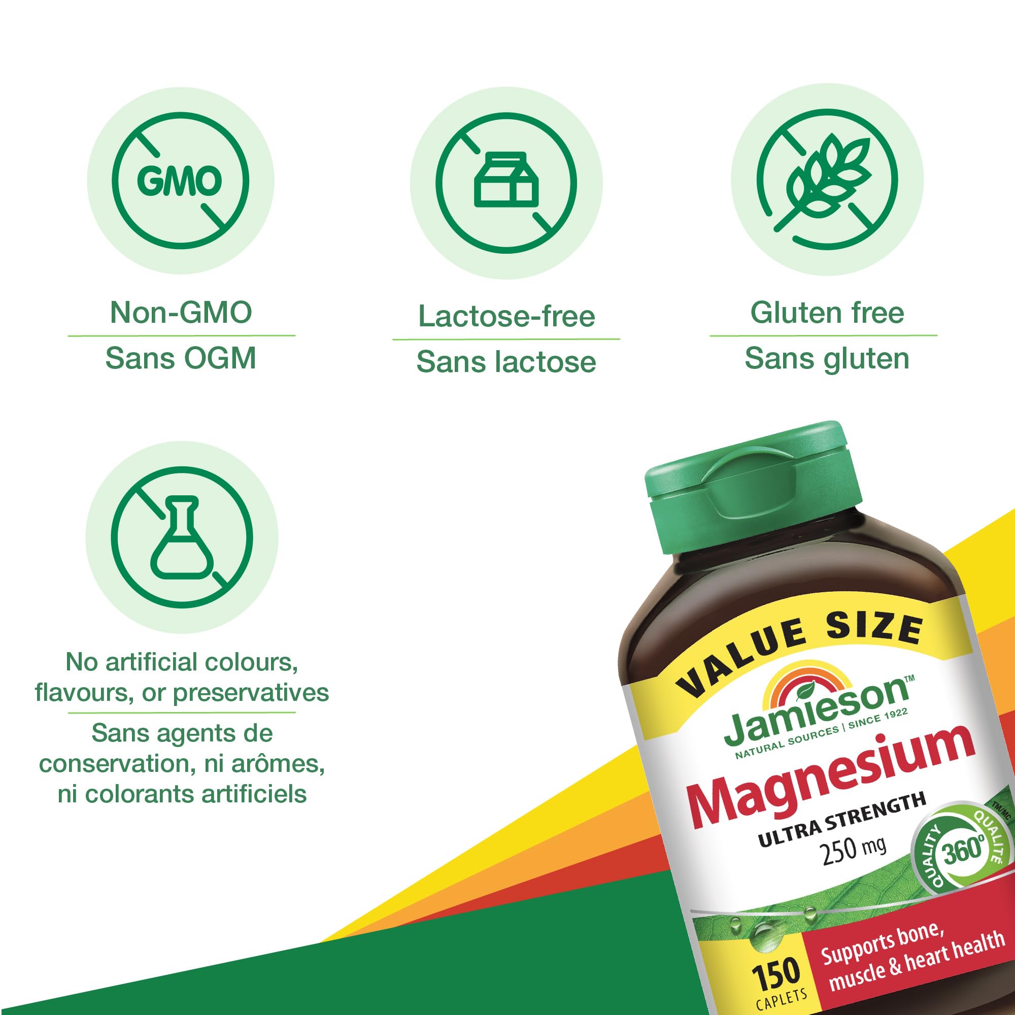 Supplement facts panel for Jamieson Magnesium 250 mg, gluten- and sugar-free.
